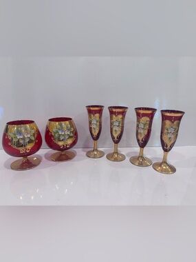 6 Vintage  Antique Venetian Murano 24K Gold RUBY Glass from ITALY